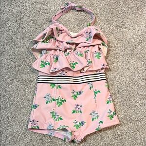 Janie and Jack - Floral pink ruffle boycut vintage style swimsuit - size 5